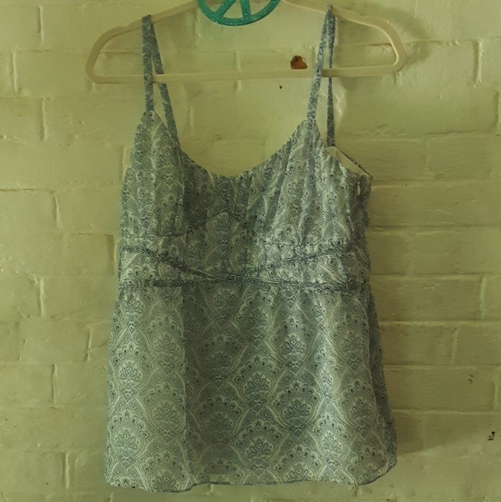 Ann Taylor blue floral strappy blouse. 8 EUC.